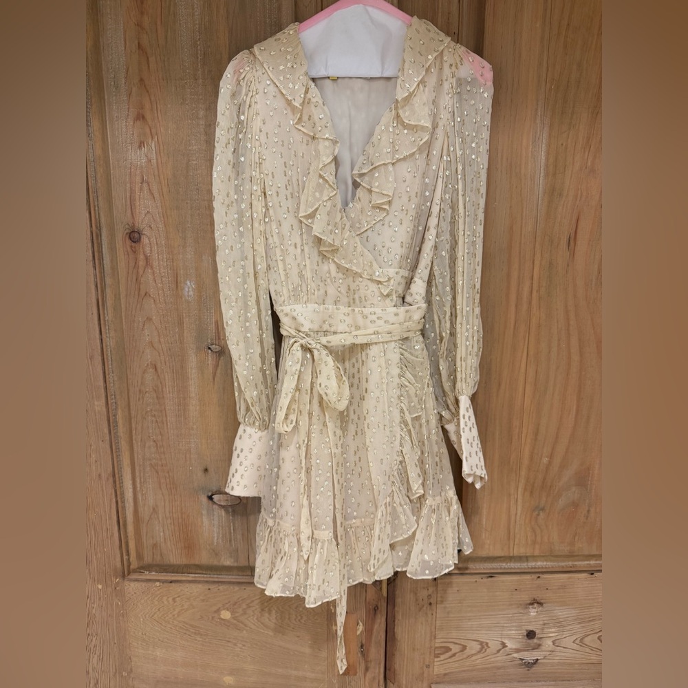 Zimmermann Ruffled Metallic Silk Wrap Minidress size 1